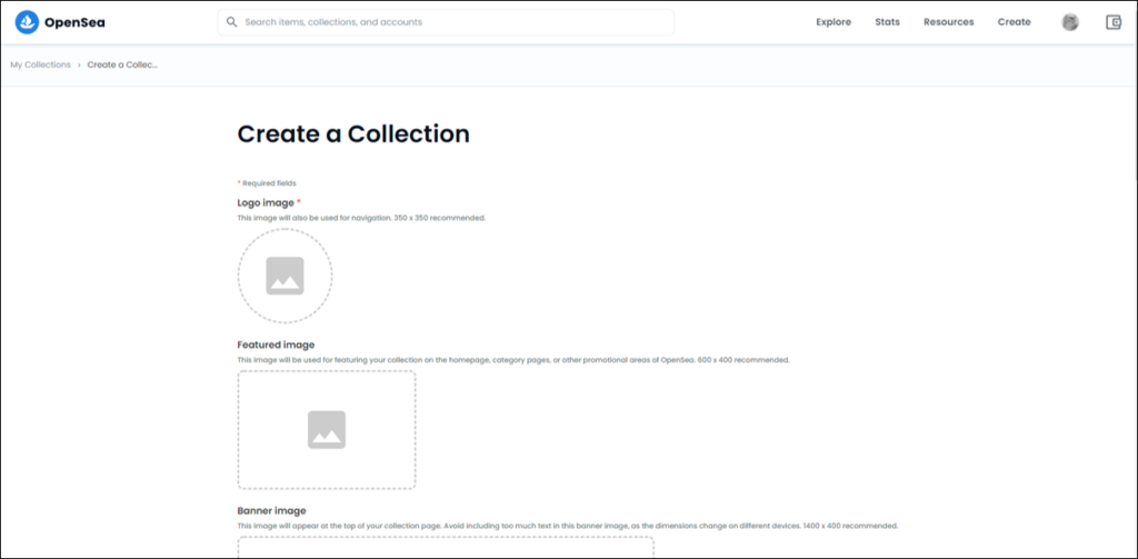 Openseaクリエイトコレクションの画面